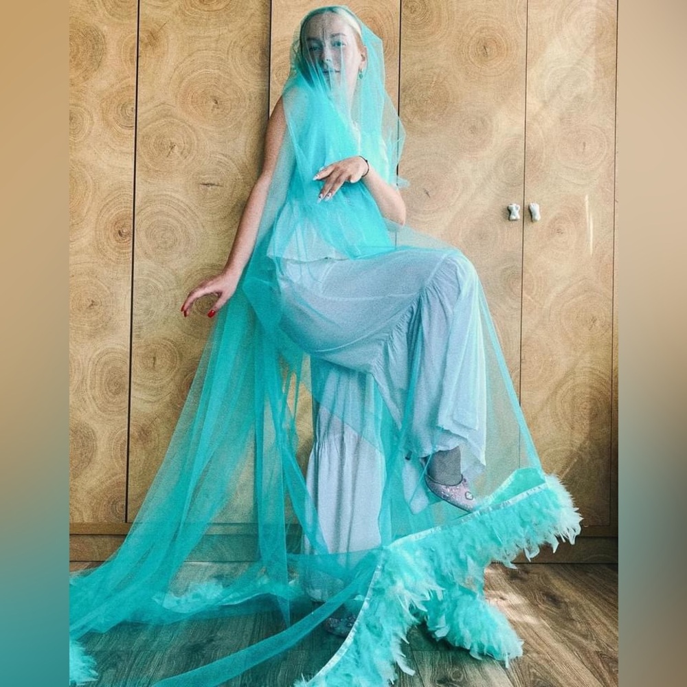 Aqua Veil with Feathers - Custom Made